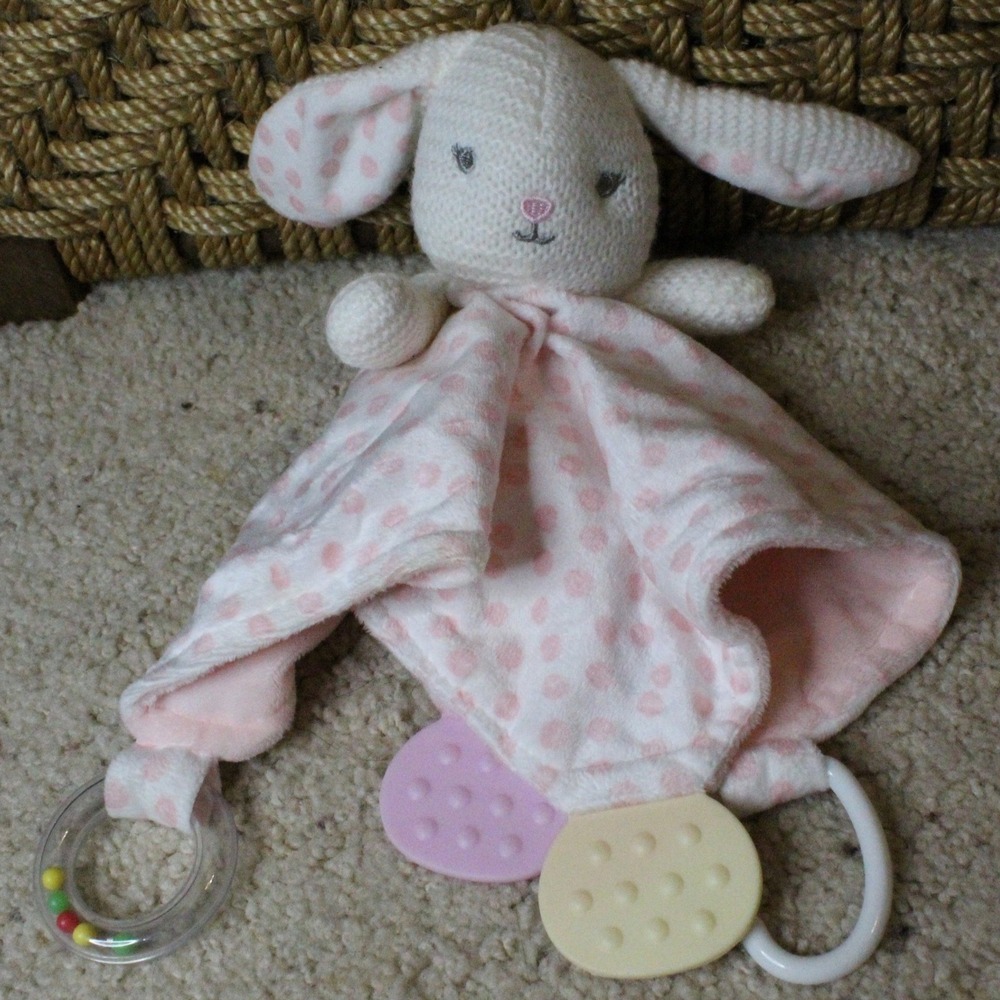 Baby Kiss Pink Polka Dot Bunny Lovey Security Blanket Teether Rattle Coquette